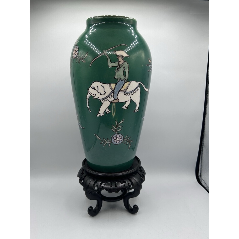 11.75" Antique Old Japanese Dynasty Glazed Enamel Porcelain Vase Man On Elephant